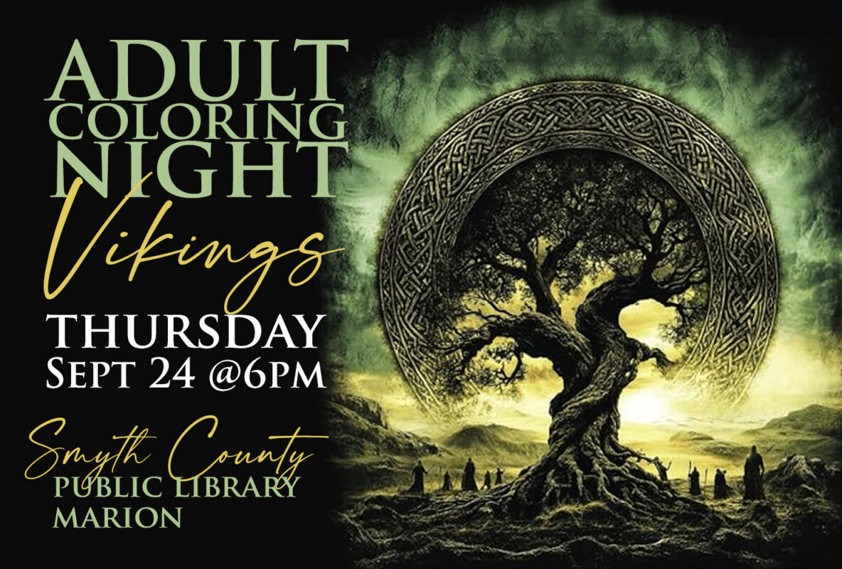 Join us for the Viking Edition of Adult Coloring Night at the Marion Public Library on September 24th from 6 to 8pm.